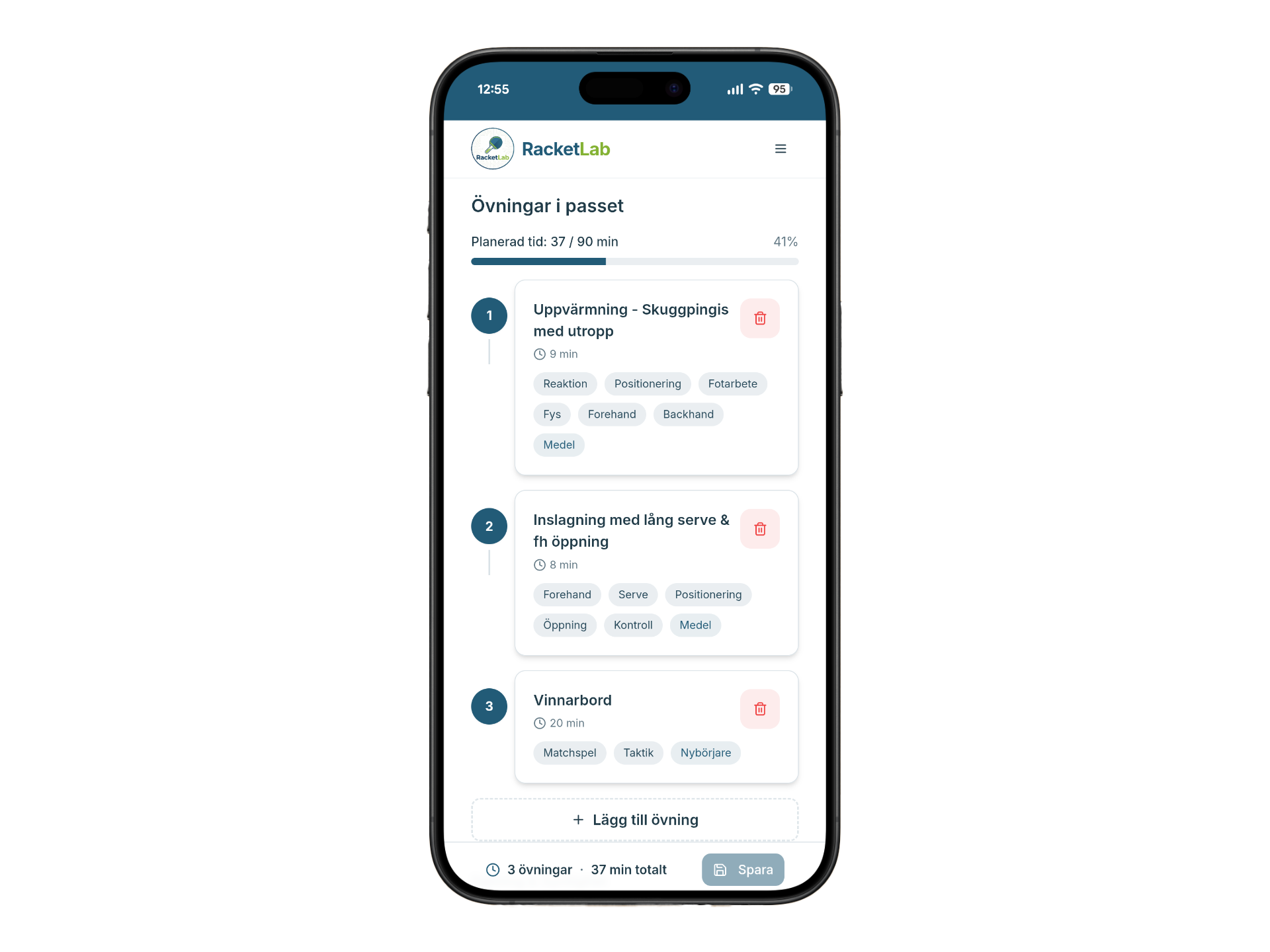 Mockup av träningspass-planering i Racketlab